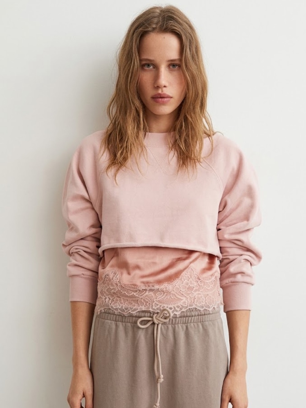 NWT Zara Woman Bloggers Fav COMBINATION LACE TRIM CROPPED SWEATSHIRT Top Size S